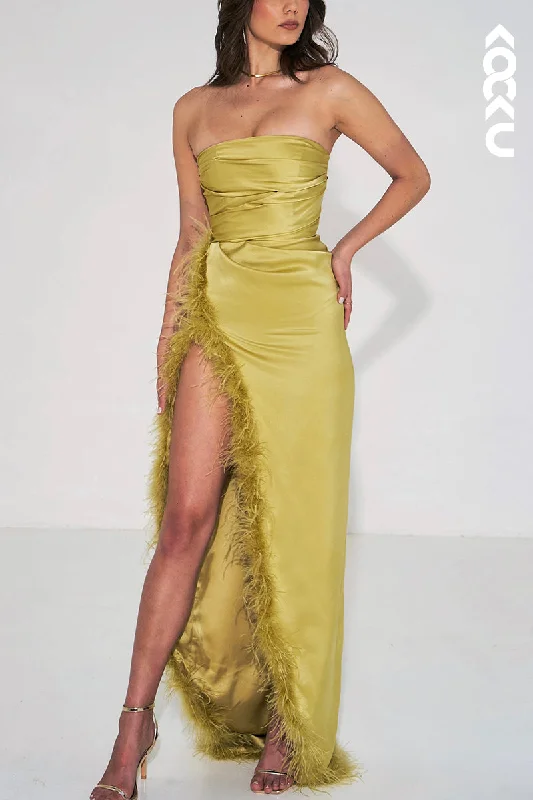 L1927 - Strapless Sleeveless Feather Ruched Satin Sheath Long Evening Dress