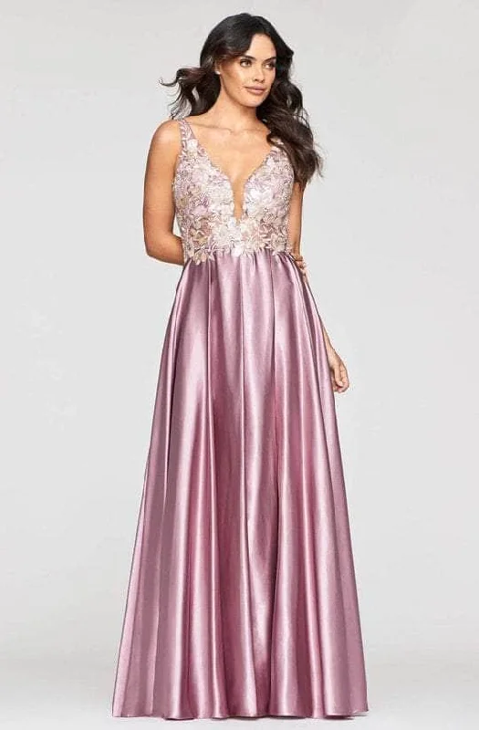 Faviana - S10442 Floral Applique Sleeveless V-neck Long Dress