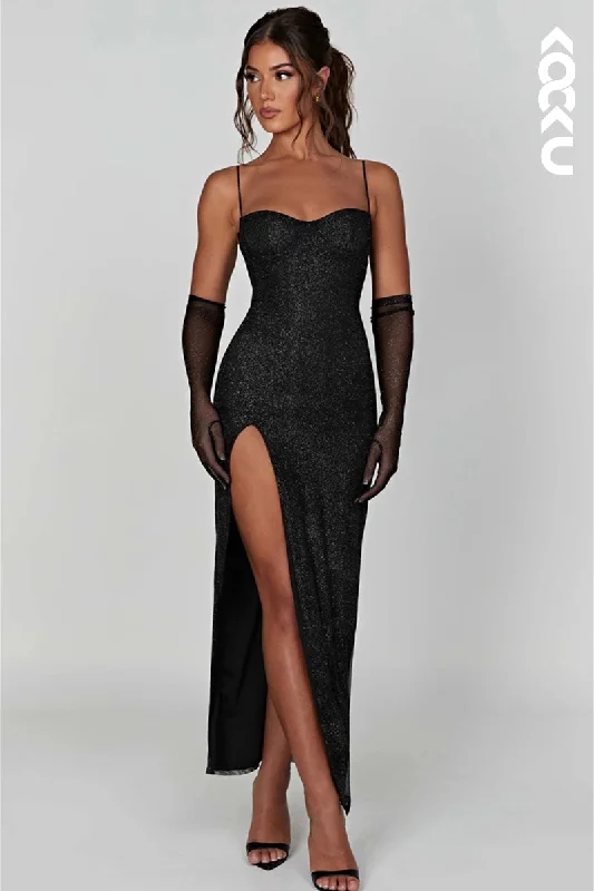 L1866 - Sweetheart Spaghetti Straps Sparkly Satin Sheath Evening Dress With Slit