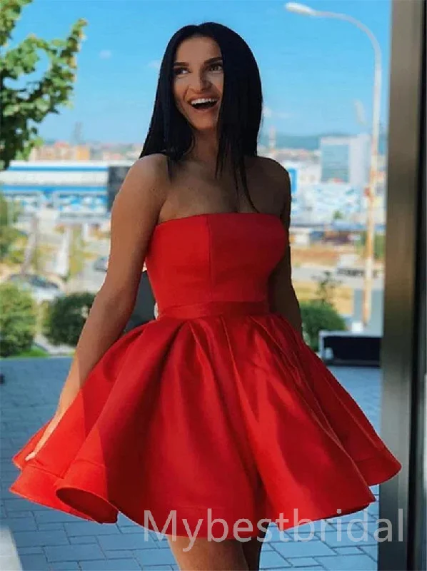 Red Elegant Strapless Square A-line Short Mini Homecoming Dress,  HDS0135