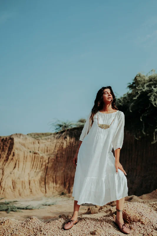 Silk Gathered White Dress with Pleats.