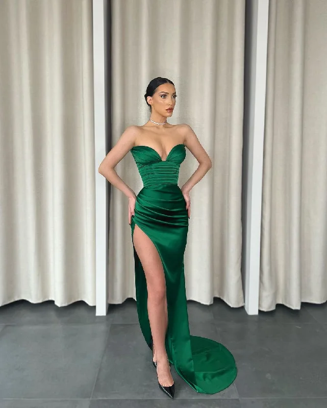 Sweetheart Sheath Prom Dress Sleeveless High Slit Pleated Satin Evening Gowns with Train Sweetheart Sheath Prom Dress Sleeveless High Slit Pleated Satin Evening Gowns with Train