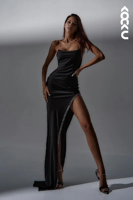 L1847 - Simple Square Neck Beaded Satin Sheath Long Evening Dress With Slit