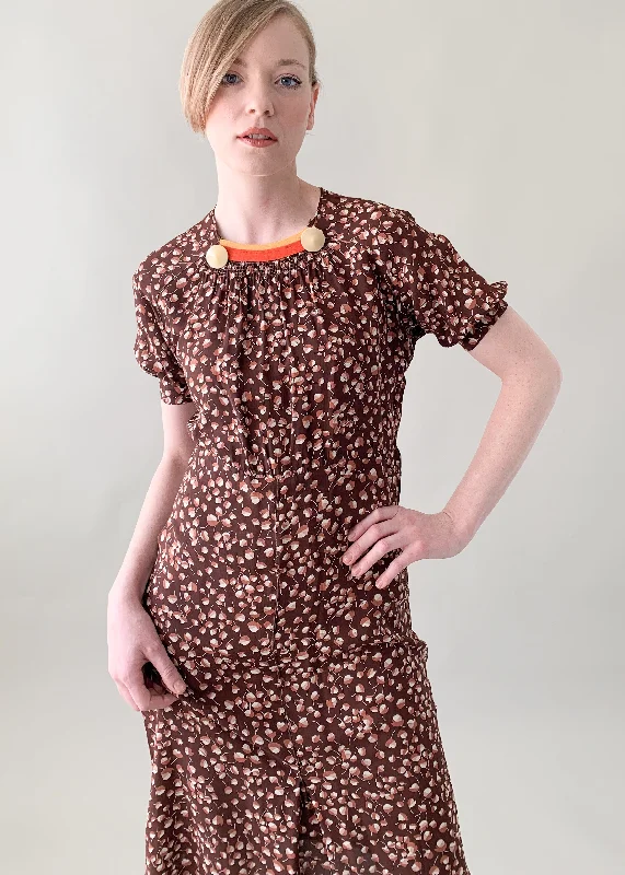 Vintage 1930s Rayon Leaf Print Dress
