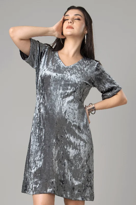 Womens Grey Velvet Shift Dress