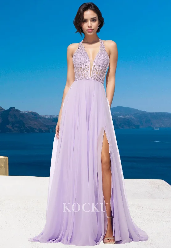 Elegant A-Line V-Neck Sleeveless Side Slit Stripe Lace Beaded Prom Formal Dress with Appliques