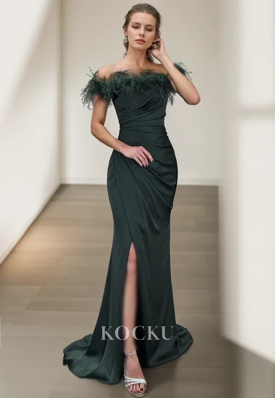 L3083 - Chic & Modern Off-Shoulder Mermaid Split Evening Party Prom Dress With Feather L3083 - Chic & Modern Off-Shoulder Mermaid Split Evening Party Prom Dress With Feather