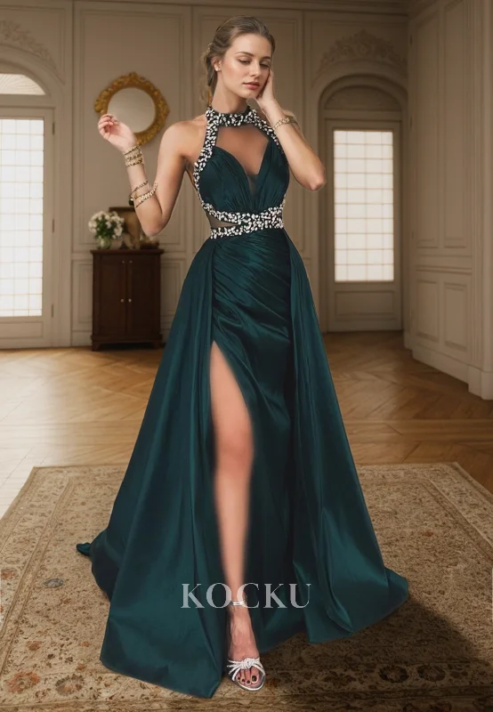 L3084 - Elegant & Luxurious V-Neck Rhinestone Halter A-Line Backless Satin Evening Party Prom Dress L3084 - Elegant & Luxurious V-Neck Rhinestone Halter A-Line Backless Satin Evening Party Prom Dress