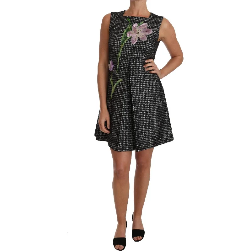 Dolce & Gabbana Elegant Gray Mini A-Line Dress with Purple Tulip