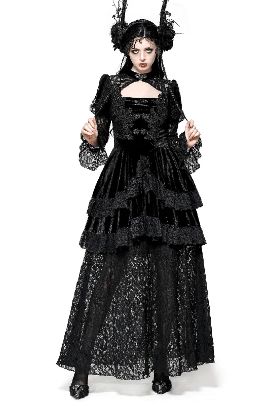 Sleek Gothic Lace Tiered Dress with Velvet Accents