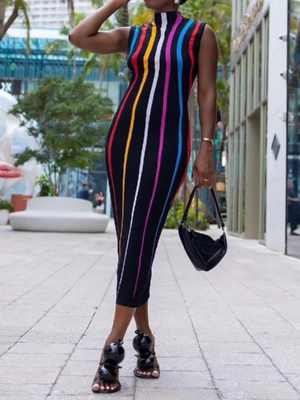 Colorful Striped Slim Pencil Dress