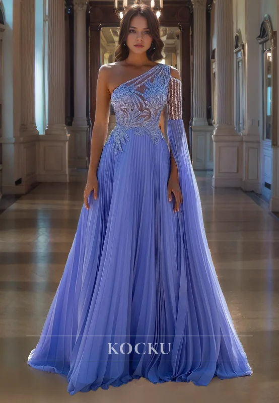 A-Line One Shoulder Prom Dress Pleated Sleeves Lace Formal Dress with Train