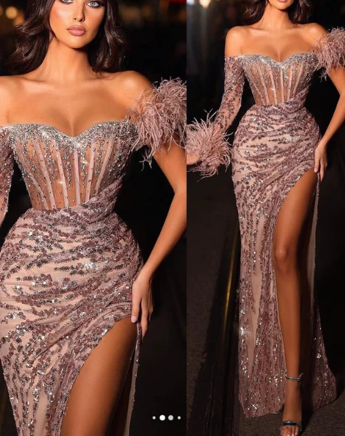 Sweetheart One Shoulder Sheath High Split Stripe Beaded Lace Prom Dress with Feather Evening Dress Sweetheart One Shoulder Sheath High Split Stripe Beaded Lace Prom Dress with Feather Evening Dress