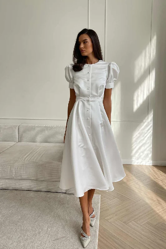 L1949 - Scoop Short Puff Sleeves Ruched Satin A-Line Midi Formal Evening Dress