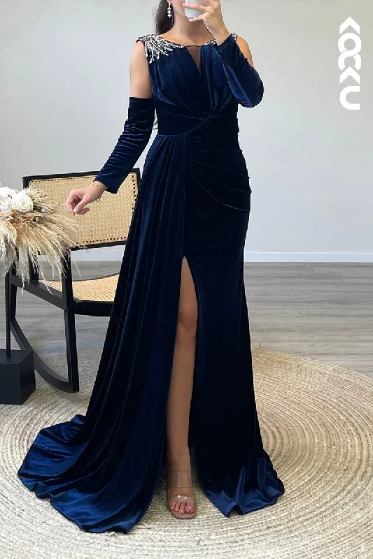 L1341 - Sheath/Column Scoop Beaded Velvet Long Formal Dress With Removable Sleeves