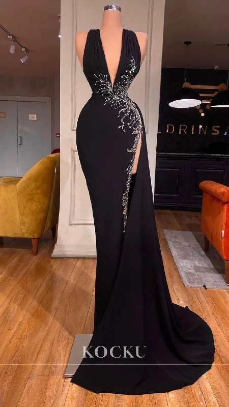 V-Neck Mermaid Prom Dress Sleeveless High Slit Formal Gown with Beads