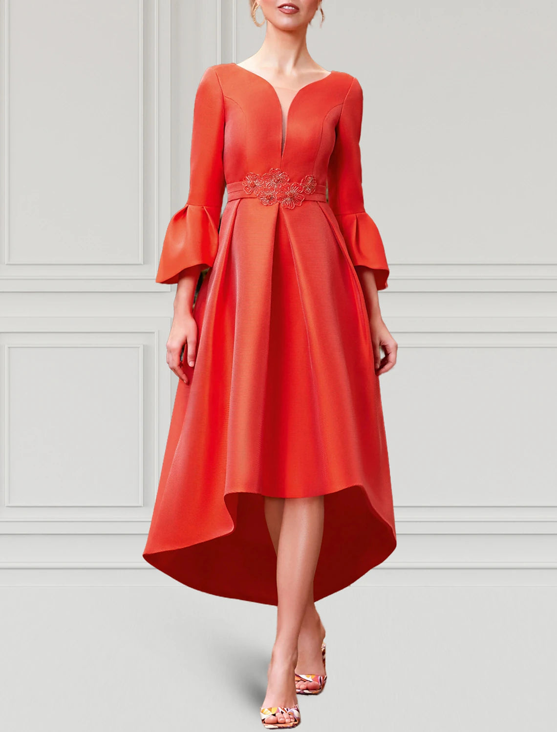 A-Line Cocktail Dresses Elegant Dress Formal Wedding Guest Asymmetrical 3/4 Length Sleeve V Neck Satin with Pleats A-Line Cocktail Dresses Elegant Dress Formal Wedding Guest Asymmetrical 3/4 Length Sleeve V Neck Satin with Pleats