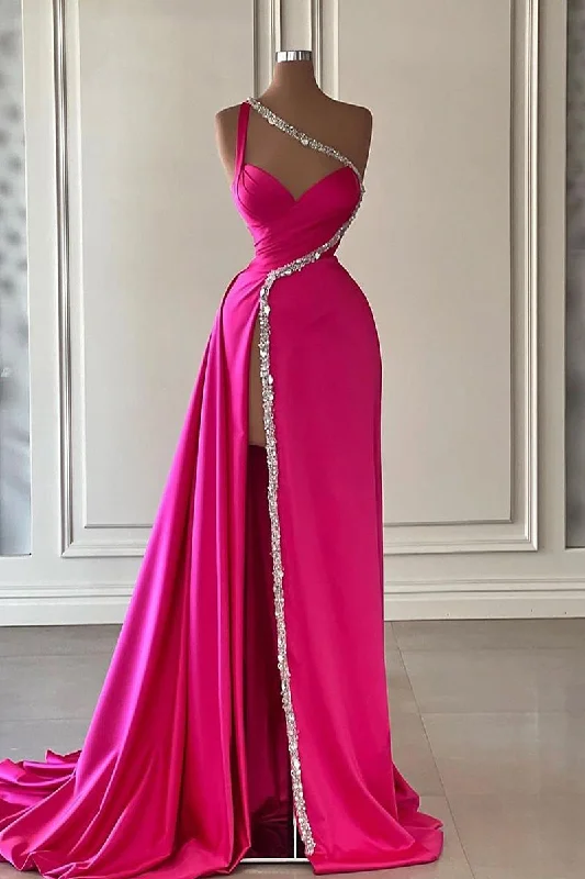 L1037 - Sheath/Column One Shoulder Sleeveless Beaded Satin Evening Dress