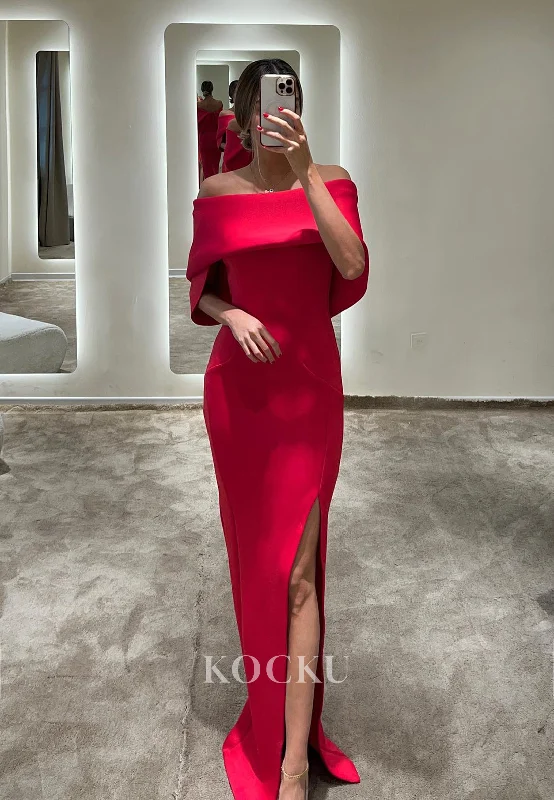 L3087 - Elegant & Simple Off-Shoulder Sheath Split Cap Sleeves Satin Evening Party Prom Dress L3087 - Elegant & Simple Off-Shoulder Sheath Split Cap Sleeves Satin Evening Party Prom Dress