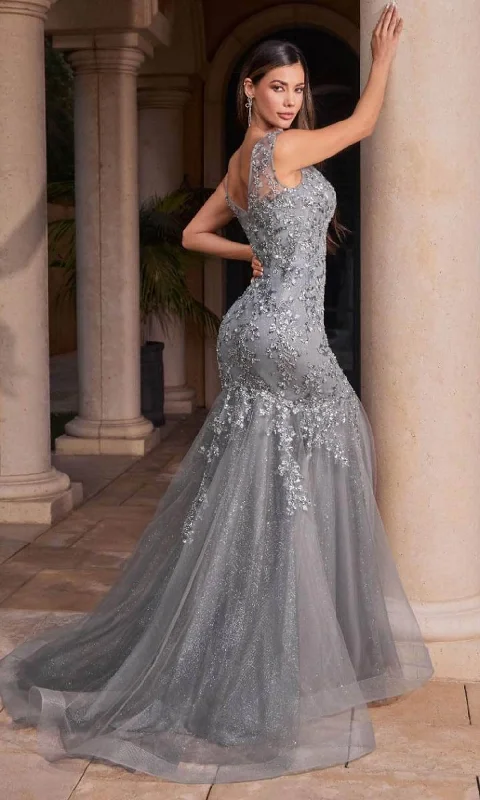 Cinderella Divine CB128 - Floral Applique Illusion Sheath Dress