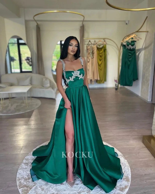 Spaghetti Straps Square Neck A-Line High Split Train Pleated Satin Prom Dress with Beaded Formal Gowns Spaghetti Straps Square Neck A-Line High Split Train Pleated Satin Prom Dress with Beaded Formal Gowns