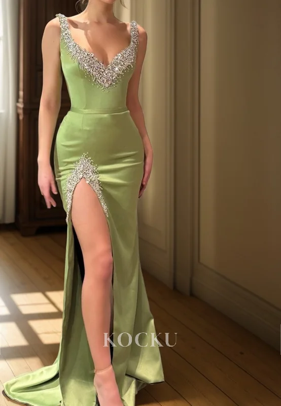 L3088 - Gorgeous & Charming Rhinestone V-Neck Mermaid Satin Evening Party Prom Dress L3088 - Gorgeous & Charming Rhinestone V-Neck Mermaid Satin Evening Party Prom Dress