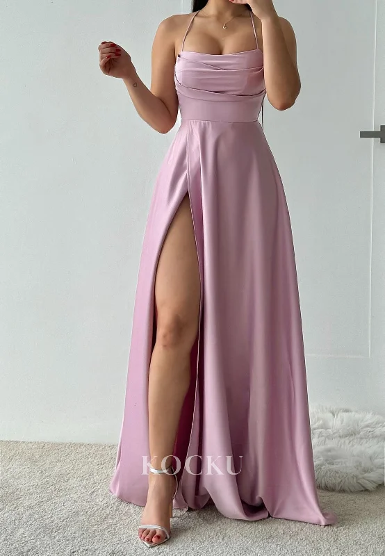 Spaghetti Straps A-Line Sleeveleess High Split Pleated Satin Prom Dress with Train Evening Gowns Spaghetti Straps A-Line Sleeveleess High Split Pleated Satin Prom Dress with Train Evening Gowns
