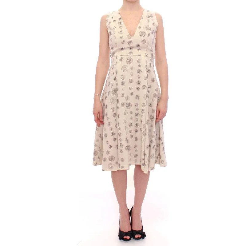 Andrea Incontri Elegant White Wool Shift Dress with Gray Print