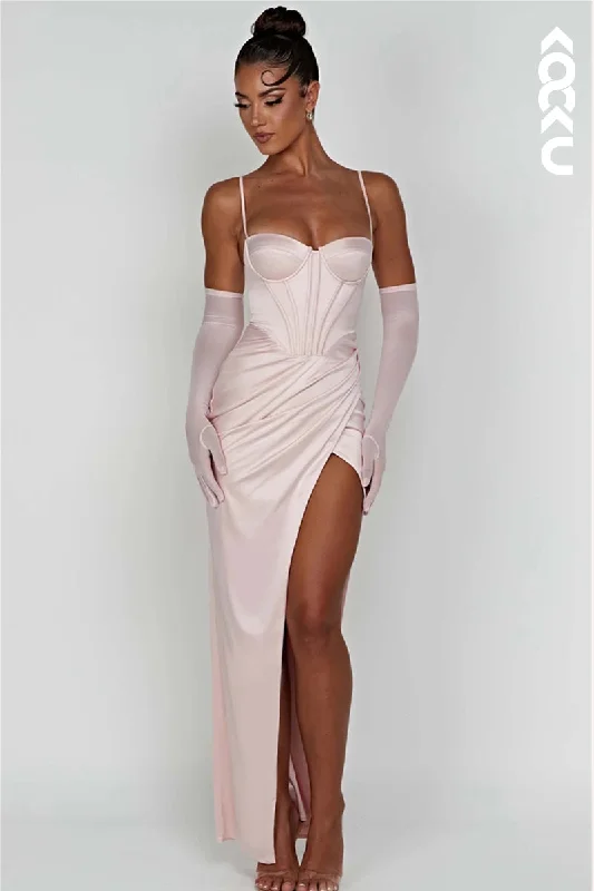 L1868 - Sweetheart Spaghetti Straps Ruched Satin Sheath Long Evening Dress