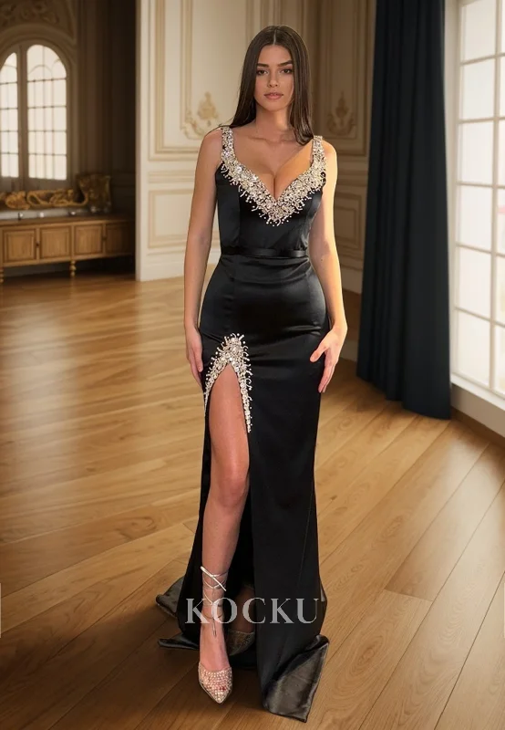L3090 - Couture & Ornate V-Neck Sleeveless Sheath Split Evening Party Prom Dress With Rhinestone L3090 - Couture & Ornate V-Neck Sleeveless Sheath Split Evening Party Prom Dress With Rhinestone