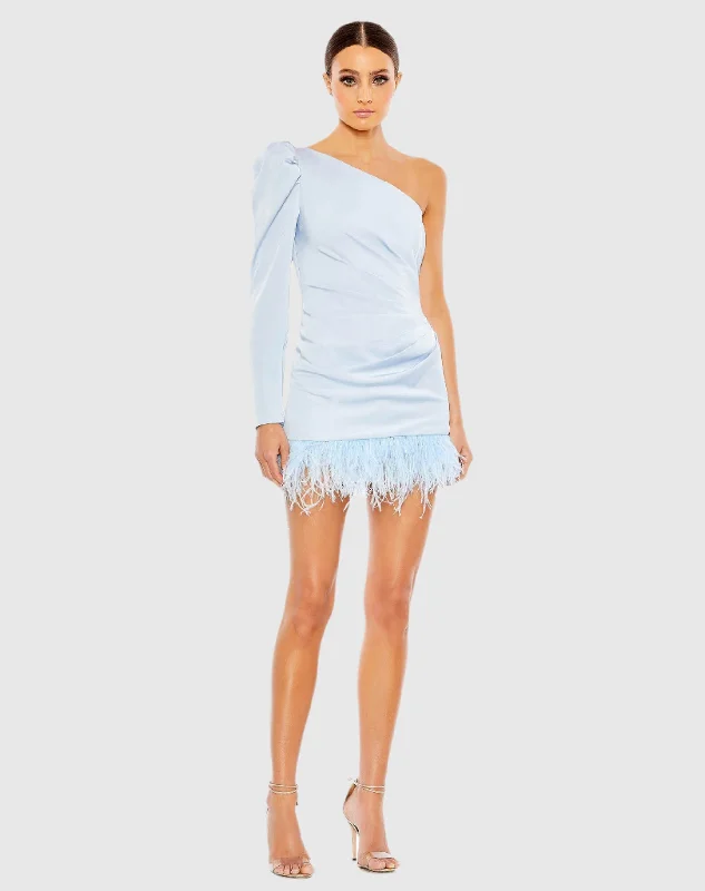 Feather Trim One Shoulder Draped Mini Dress Cozy Ruched Mini Dress