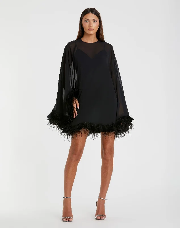 Trapeze Feather Trim Mini Dress Cozy Wraparound Mini Dress