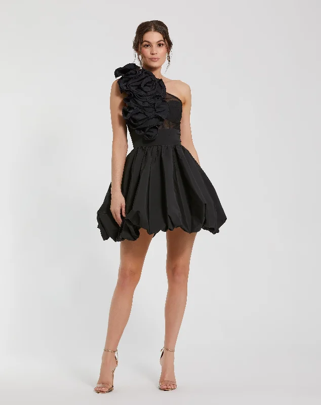 Taffeta One Shoulder Ruffle Bubble Mini Dress Trendy Mini Dress with Belt