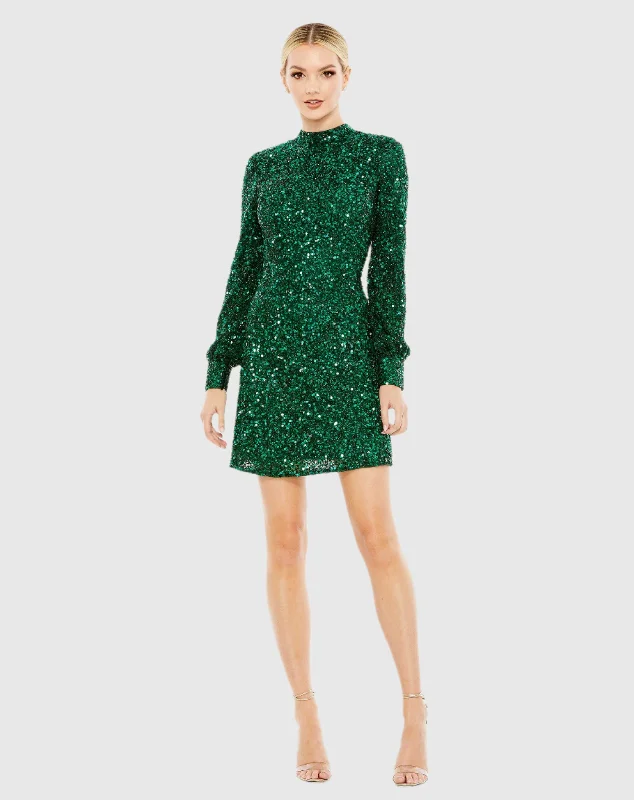 Sequin Open Back Bishop Sleeve Mini Dress Fashionable Mini Dress with Pockets