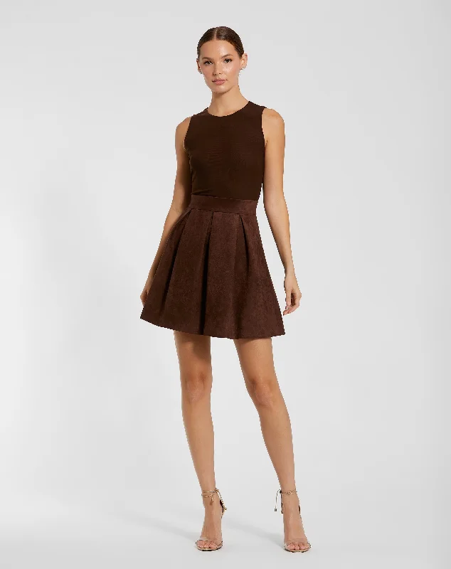 Sleeveless Mesh And Suede A Line Mini Dress Trendy Mini Dress with Belt