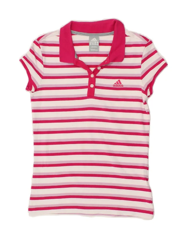 ADIDAS Womens Polo Shirt UK 10 Small Pink Striped Cotton Elegant High-Low Short Shirt