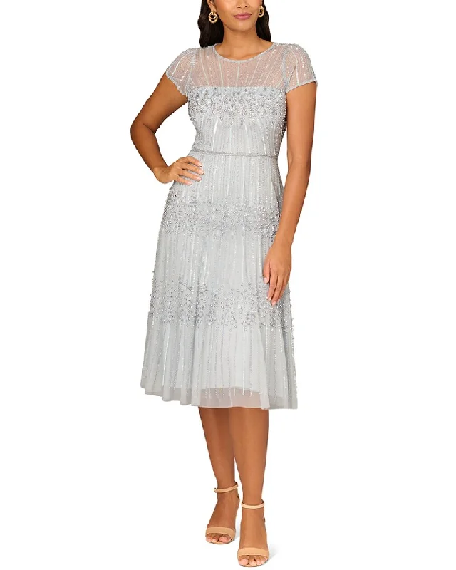 Aidan Mattox Fully Beaded Midi Dress Elegant Satin Button Midi Dress