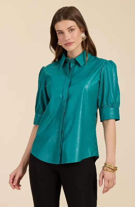Alice Vegan Leather Shirt - Deep Lake Stylish Striped Short Sleeve