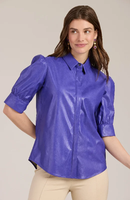 Alice Vegan Leather Shirt - Violet Fashionable Draped Short Sleeve