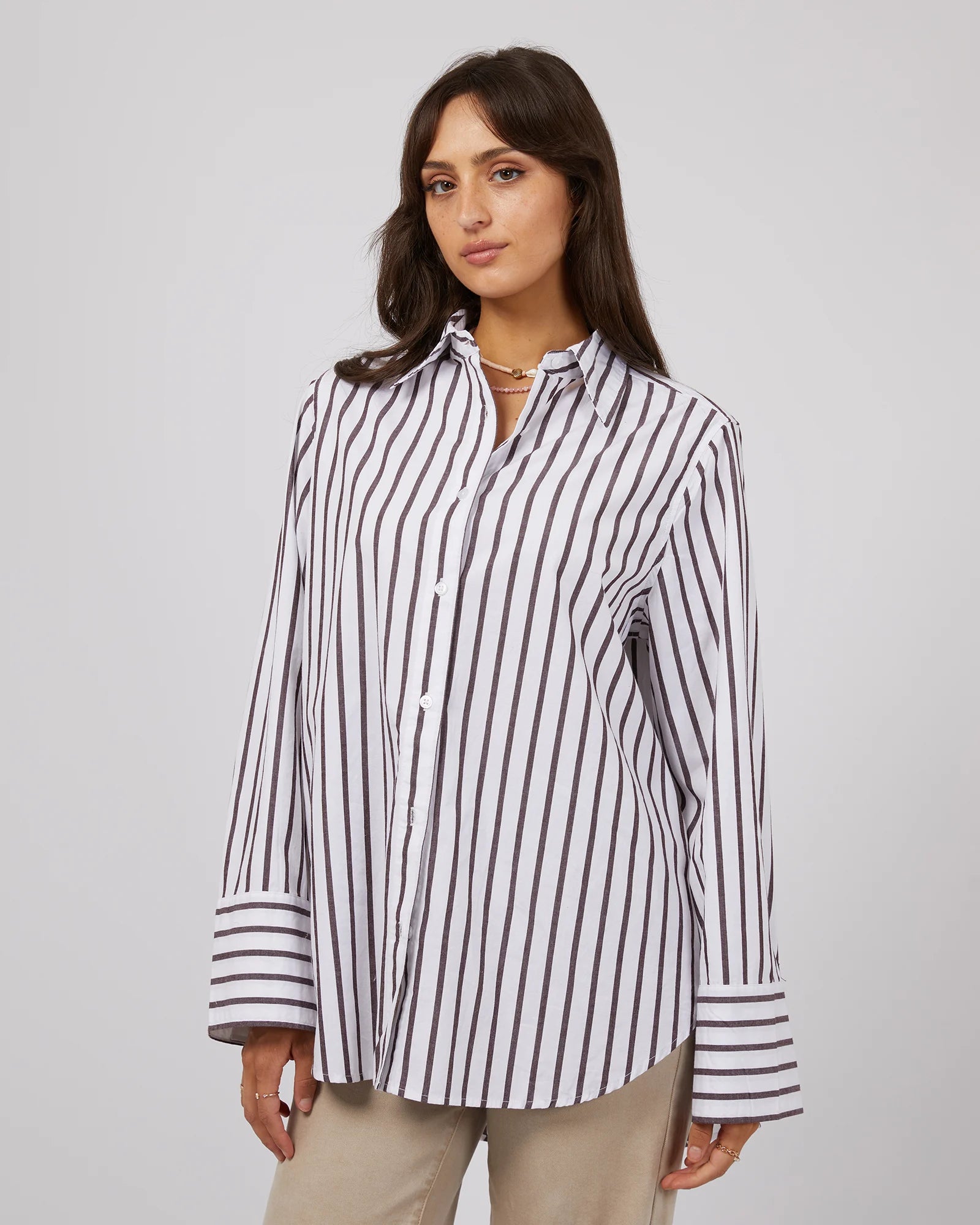 All About Eve Vinnie Shirt  - Choc Stripe Classic Short Sleeve Tunic