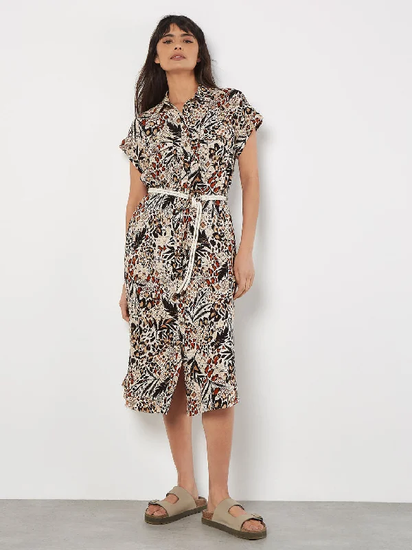 Ap 832909 Mixed Animal Print Shirt Midi Dress Comfortable Floral Print Midi Dress