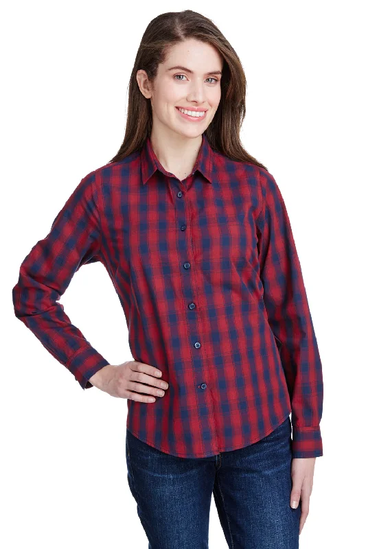 Artisan Collection Womens Mulligan Check Long Sleeve Button Down Shirt - Red/Navy Blue Trendy Short Sleeve Tunic