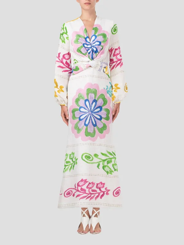 Battia Midi Dress In Multicolor Floral Print Elegant Maxi-Midi Hybrid Dress