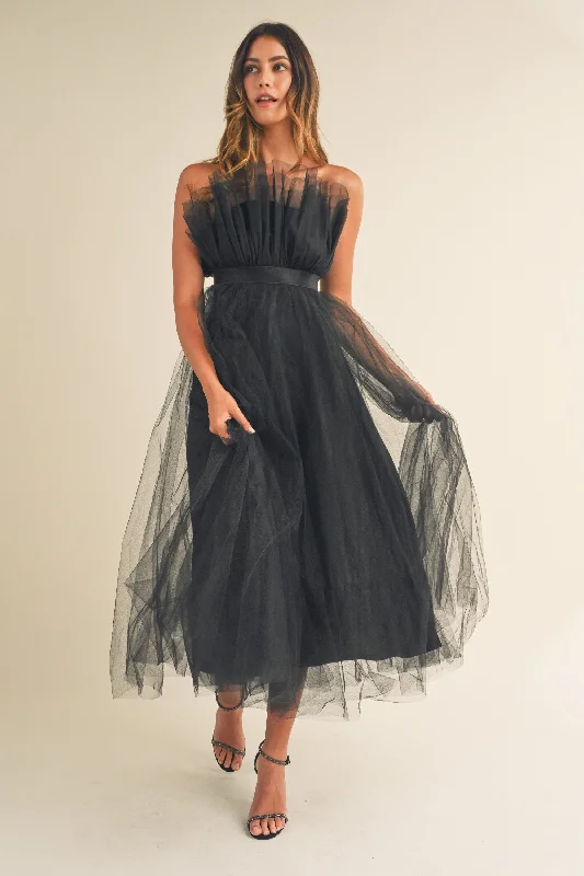 Belted Voluminous Tulle Midi Dress Cozy A-Line Midi Dress