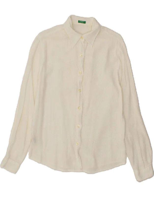 BENETTON Womens Shirt UK 12 Medium White Cotton Relaxed Button-Down Short Shirt