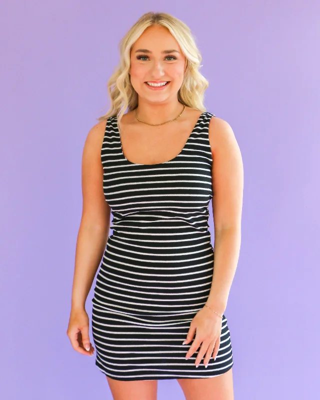 Black Stripe Tank Mini Dress Trendy Crossover Mini Dress