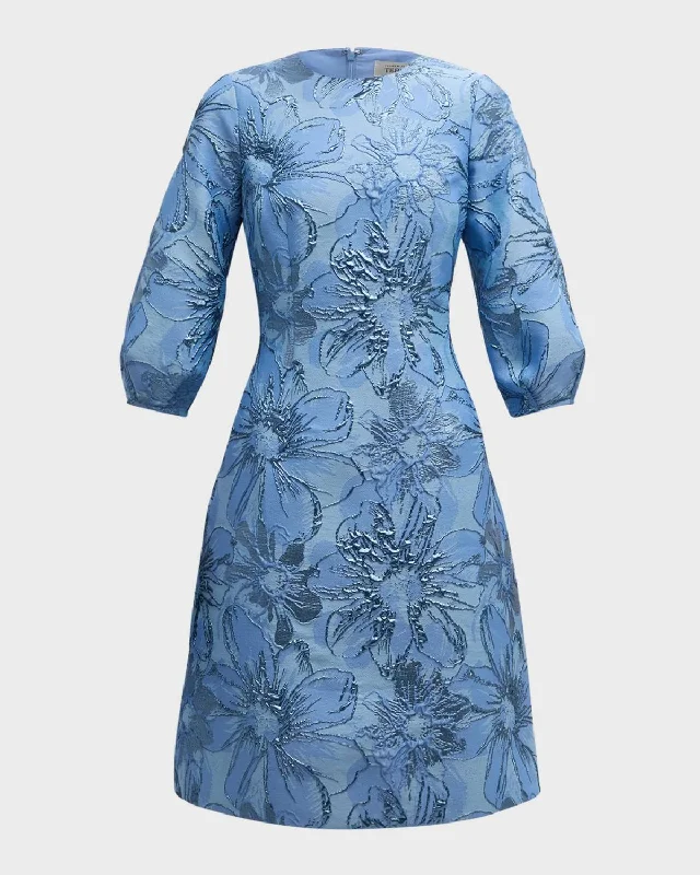 Blouson-Sleeve Metallic Jacquard Midi Dress In Slate Blue Comfortable Casual Midi Dress