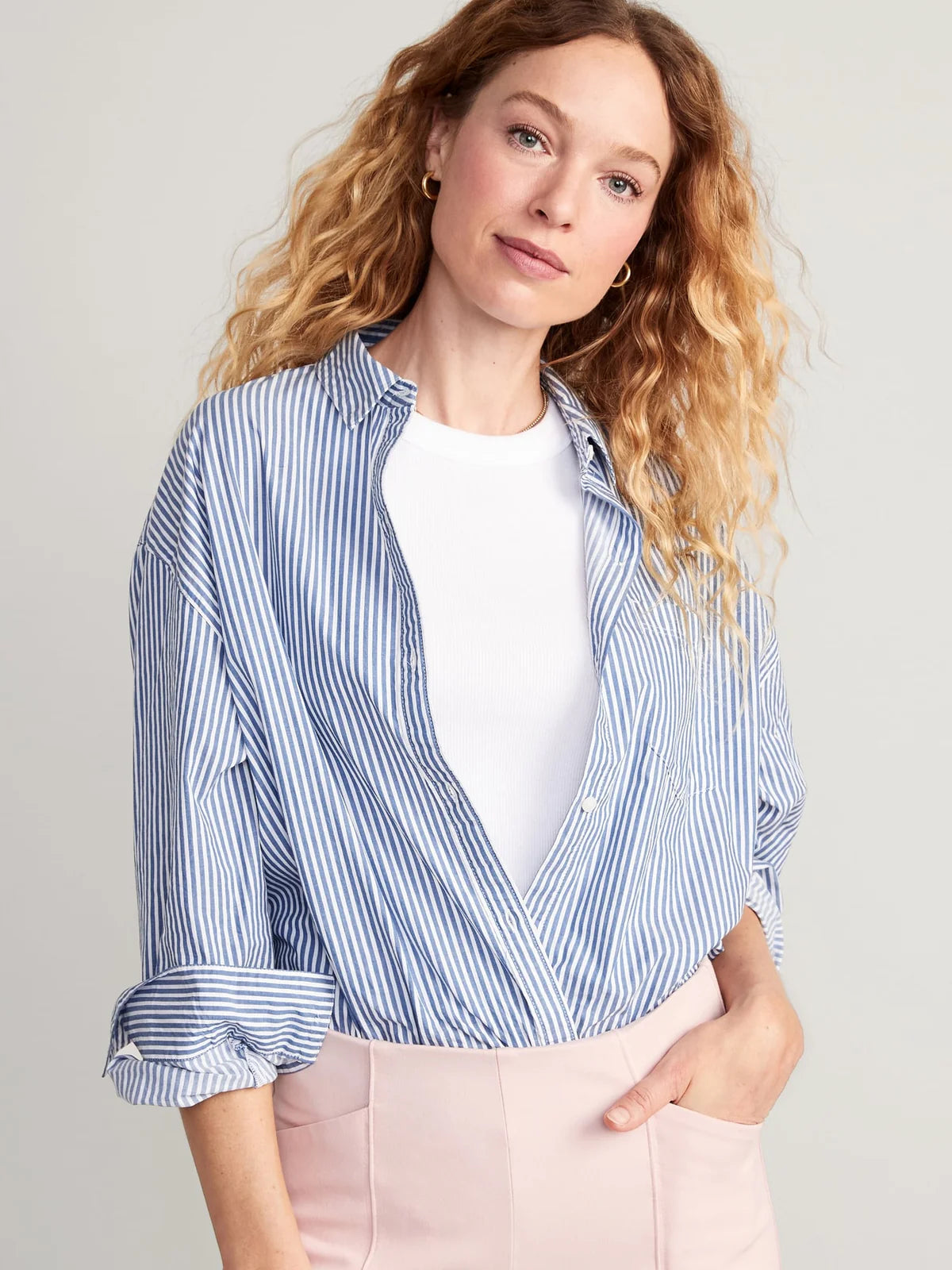 PINSTRIPED BOYFRIEND SHIRT Comfortable Pocket Short Shirt