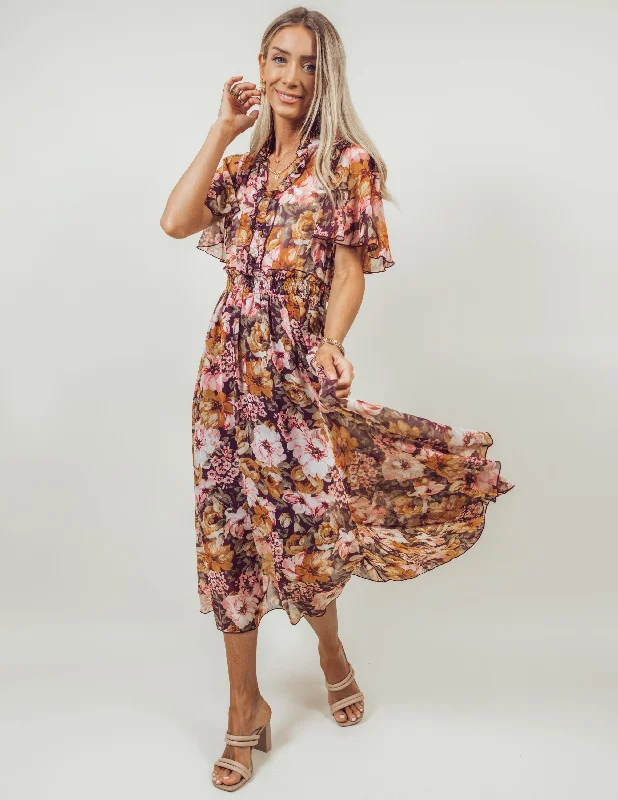 Brittany Floral Midi Dress Stylish Midi Dress with Cuffs