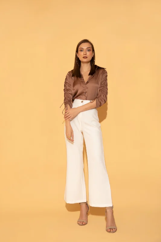 Brown String Sleeve Shirt Comfortable Knit Short Shirt